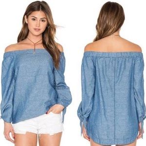 Free People Off The Shoulders Chambray Top Tie Cuffs Blue Sz M